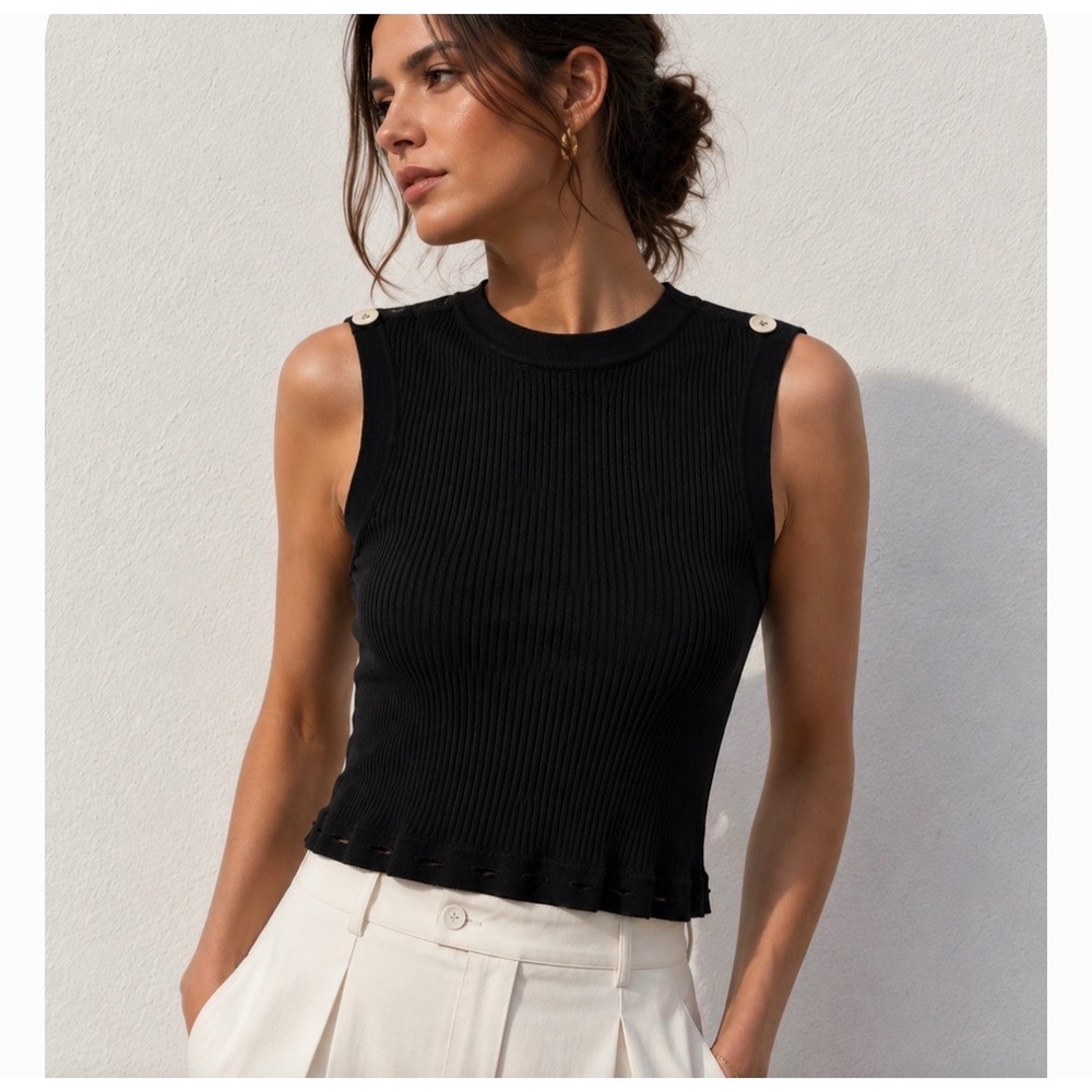 Claudie Pierlot Paris Black Ribbed Knit Sleeveless Button Shoulder Top Small